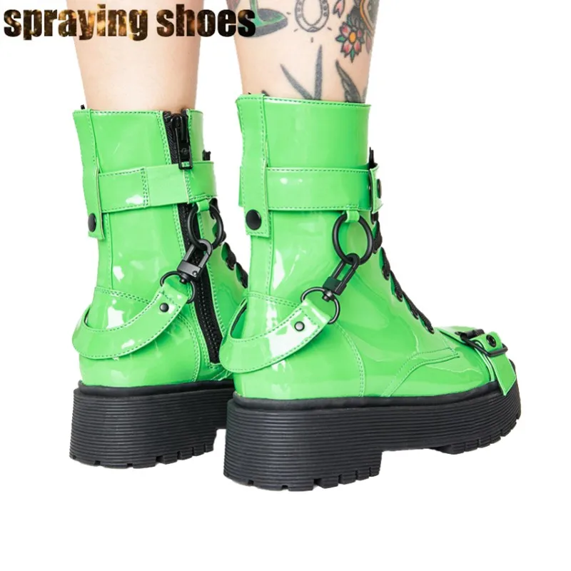 Неоновые зеленые ботинки Martens; женские ботильоны на платформе с круглым носком; мотоботы; пикантные женские ботинки для подиума; обувь для вечеринок; зимние ботинки
