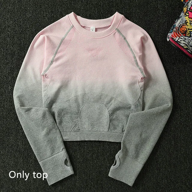 Pink top 3 шт., бесшовный комплект для йоги с эффектом омбре, женская одежда для тренировок, спортивный бюстгальтер, топы с длинными рукавами, леггинсы, набор для бега, фитнеса, спортзала, женская спортивная одежда - Цвет: Pink top