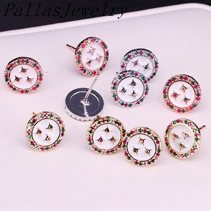 

10Pairs, New Trendy Round Enamel Stud Earring Micro Pave Rainbow Cz Zirconia Jewelry Earrings For Women Lady
