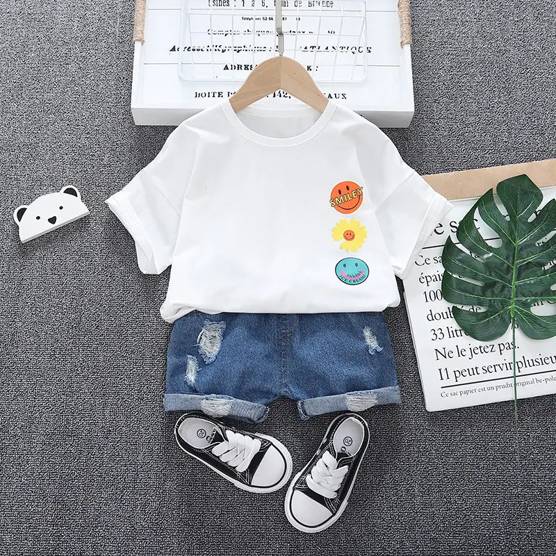 

2 шт./компл., детские летние джинсовые футболки с цветочным принтом на спине