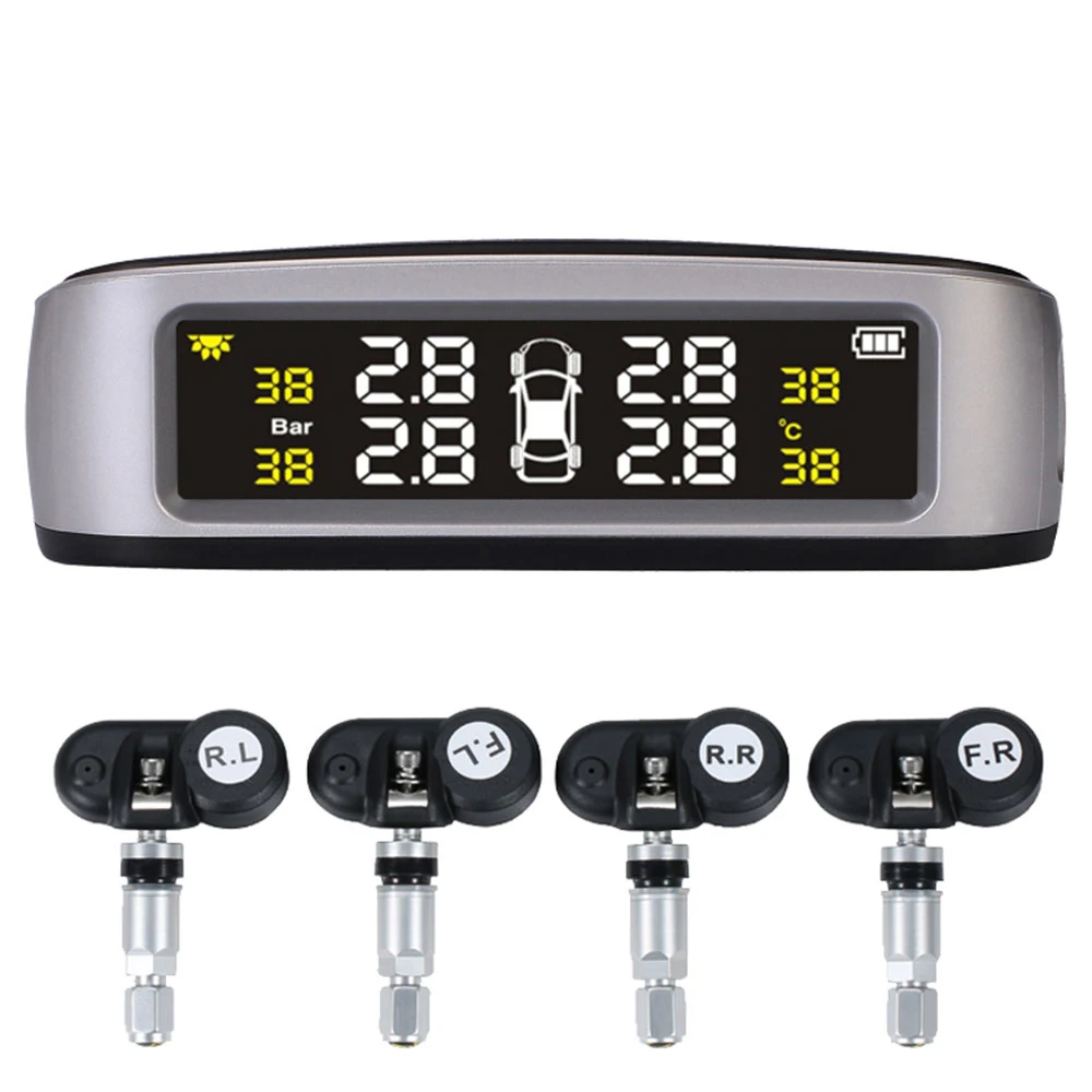 

Car TPMS Tire Pressure Digital Solar Energy Monitoring System Tire Pressure Alarm Systems LCD Display with 4 External Sensors