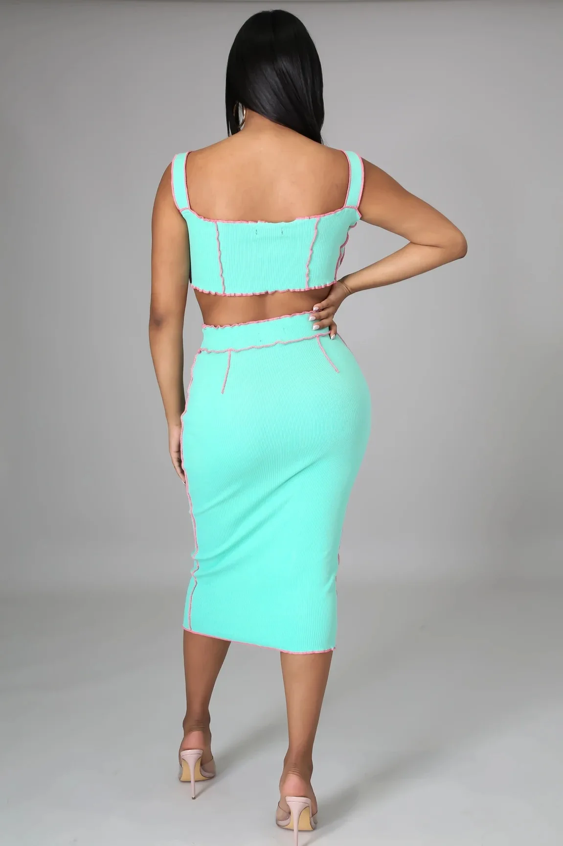 

New summer women's solid color stitching striped edge fashion casual sling top skirt women's two-piece suit