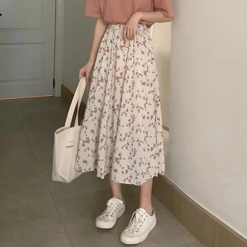 Harajuku Streetwear Elastic Waist MidiSkirt Vintage A-line Skirts Floral Print Pleated Long Skirts Summer Women New Korean Skirt
