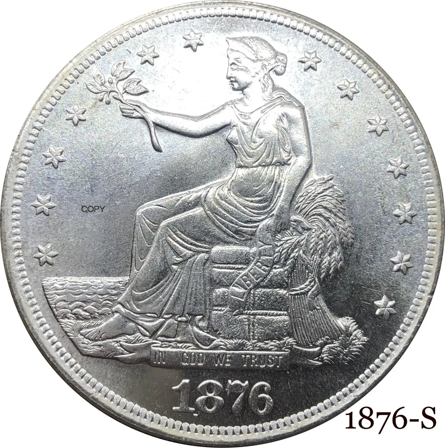 

Торговый один доллар США в действии 1 в США, США в действии Бога, мы доверяем девизу 1876, зерна 420, копия монеты