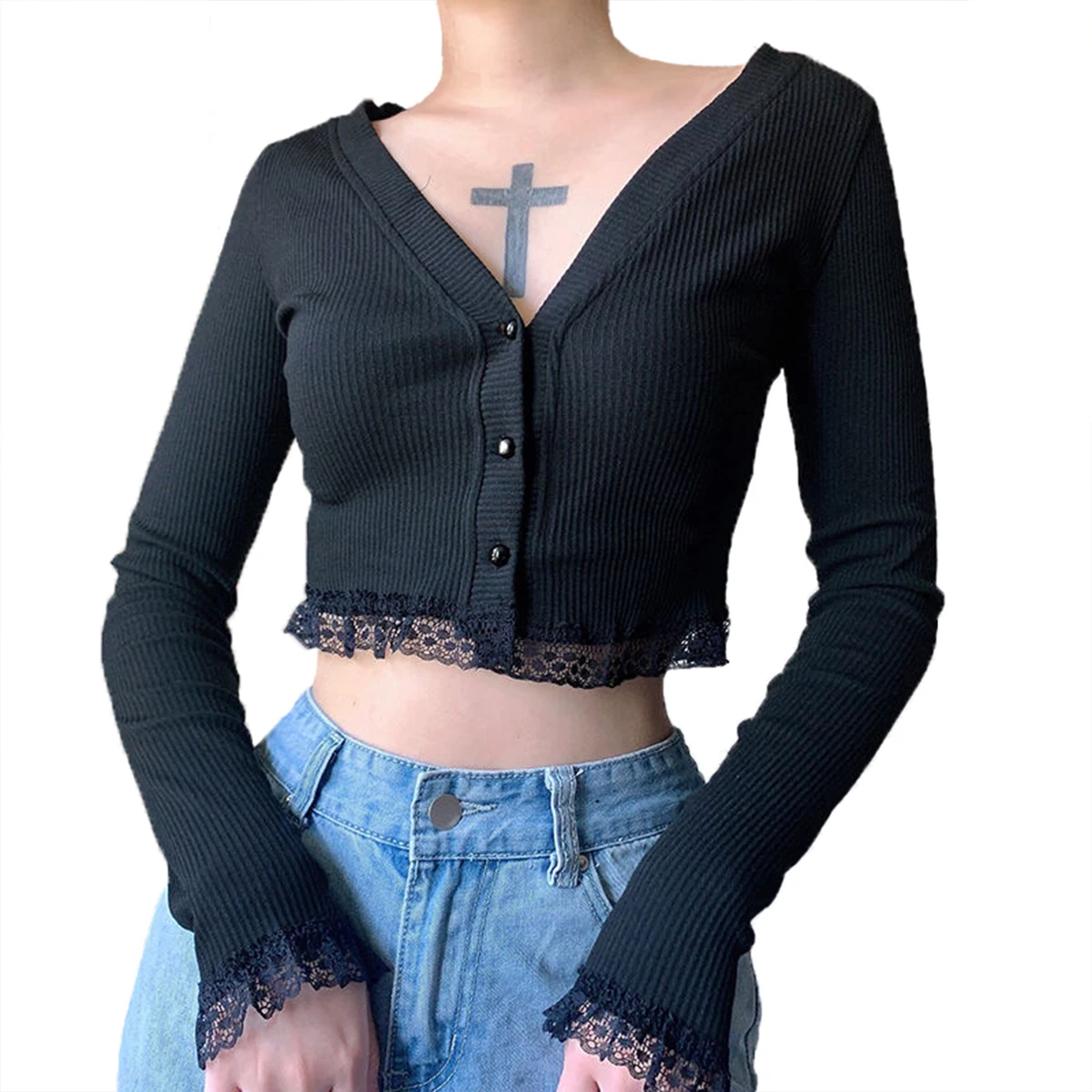 

Autumn Vintage Gothic Lace Black Cardigan Harajuku Sexy V Neck Long Sleeve Crop Top Women Knitted Button Up Cardi-Gan Slim 2021