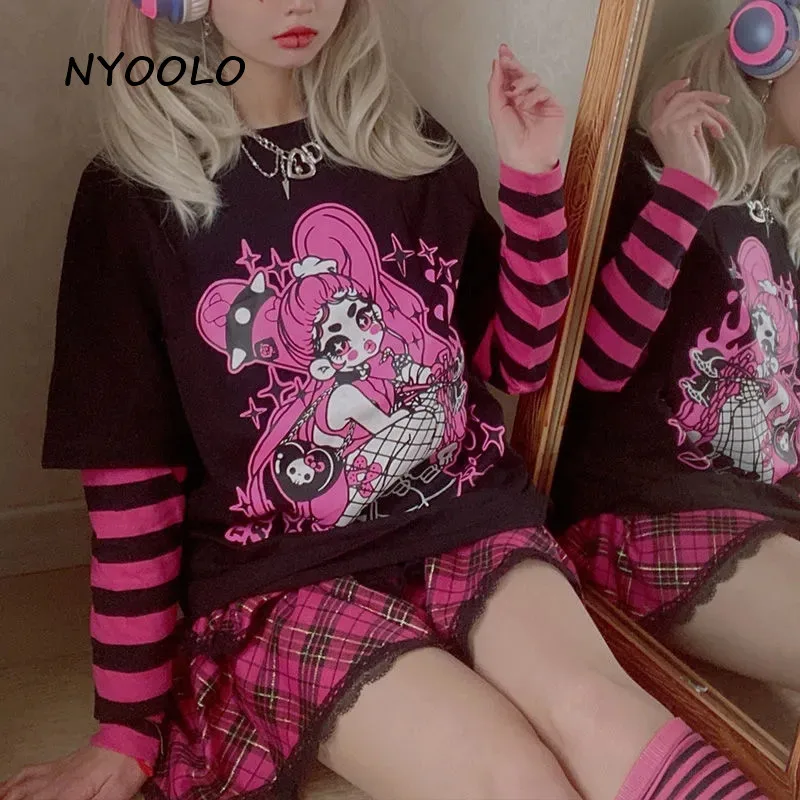 

NYOOLO Harajuku Cartoon Punk Ladies Letter Print Striped Fake 2 Pieces Patchwork Y2k T-Shirt Women Kawaii Cloth Sweet Girls Tops