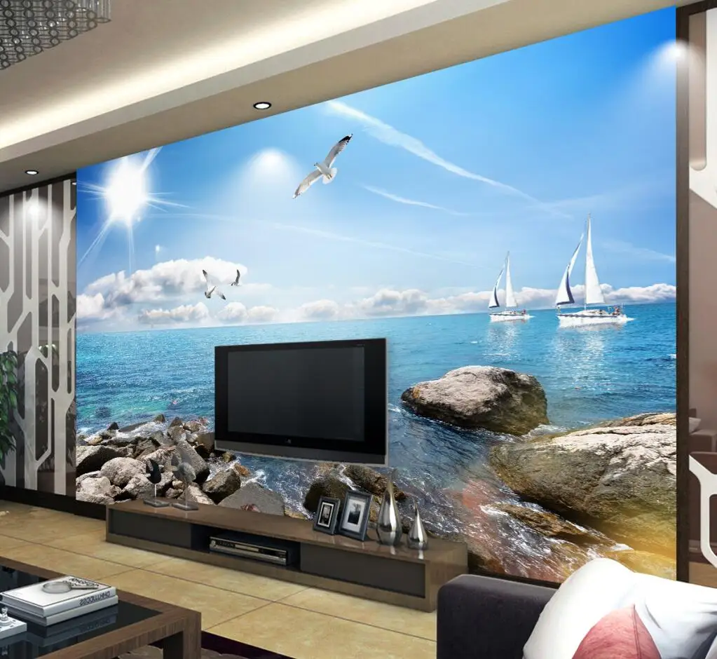 

beibehang custom Blue sky white clouds beach photo wallpapers for living room TV background mural wall paper home decor stickers