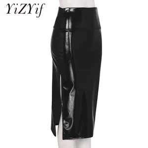 Сексуальные юбки, женские блестящие голографические юбки с металлическим блеском, юбка средней длины с высокой талией и разрезом сбоку для вечерние ринки, ночного клуба