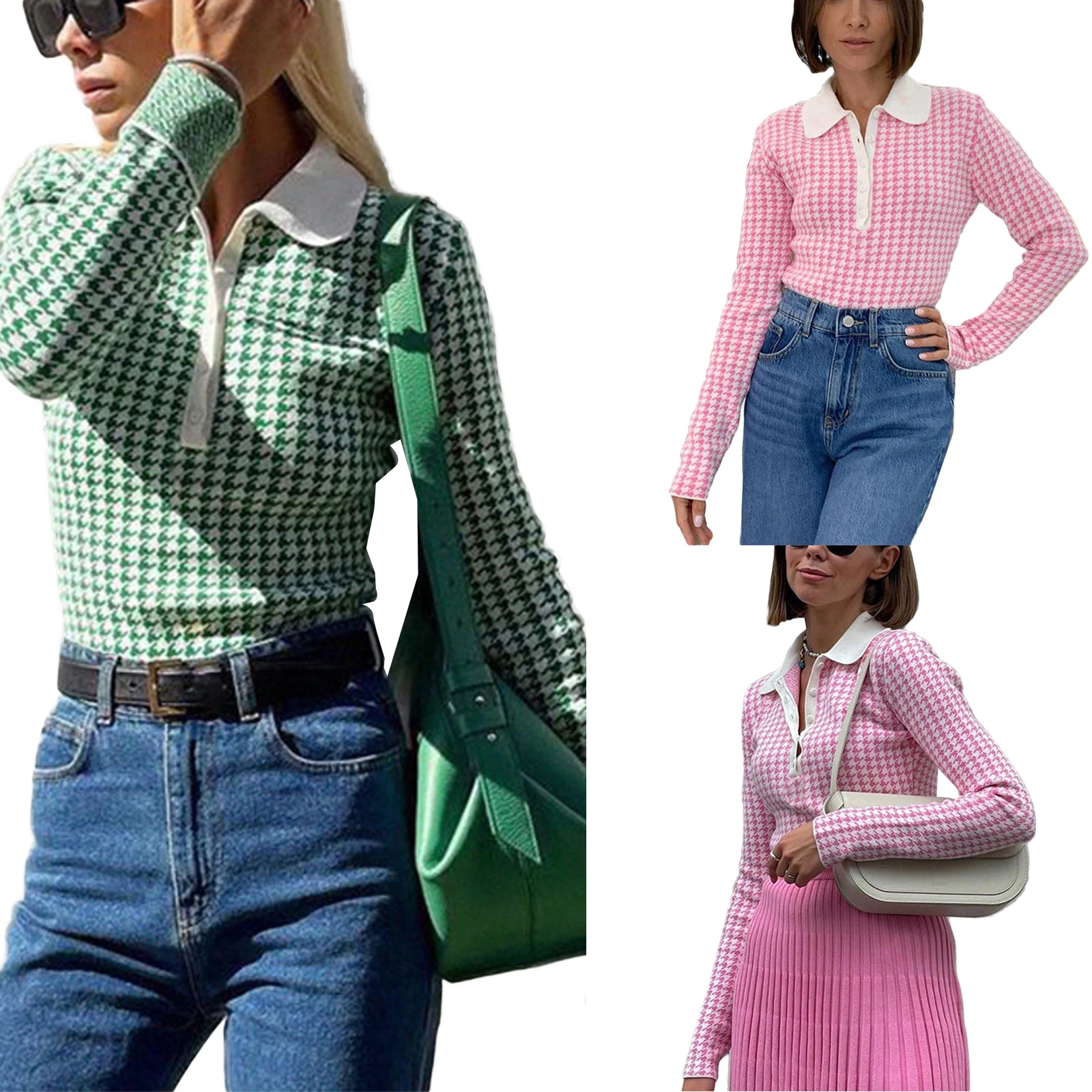

Female Bodysuit, Houndstooth Print Turn-Down Collar Long Sleeve Romper Playsuits for Girls, Green/Pink, S/M/L
