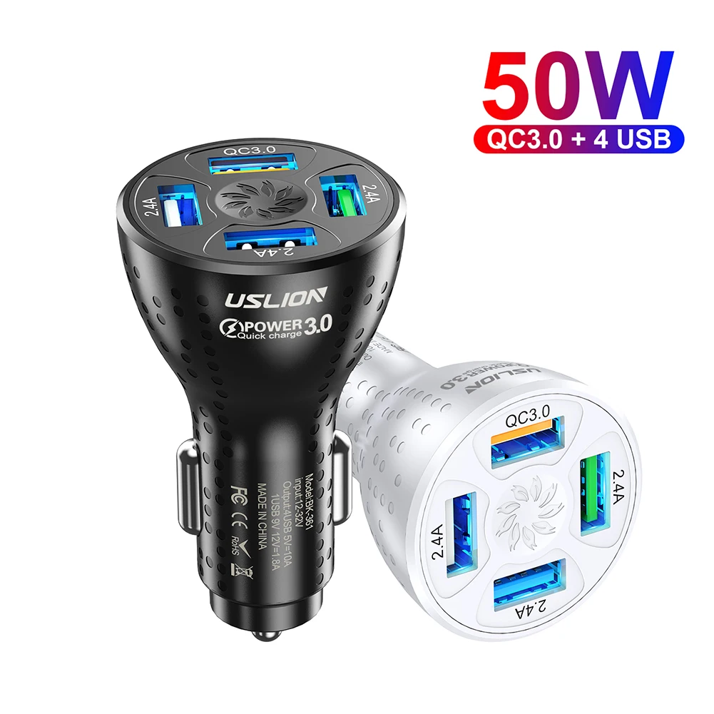 4 Порта USB Быстрая Зарядка для Автомобиля 50W Быстрое Зарядное Устройство QC 3.0 Адаптер Для iPhone 13 Мобильного Телефона Универсальный Xiaomi on.