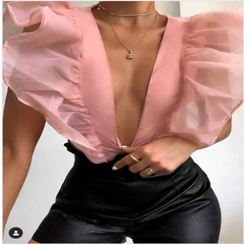 Женская блузка с оборками коротким рукавом открытой спиной на шнуровке