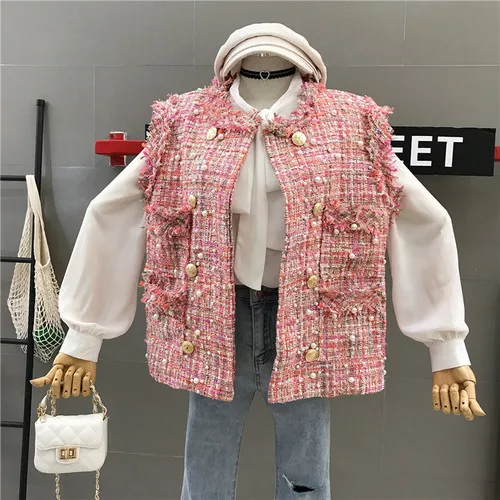 pink only vest Осенний твидовый жилет женский жемчужный бисер Тонкий двубортный шерстяной жакет без рукавов женский студенческий жакет - Цвет: pink only vest