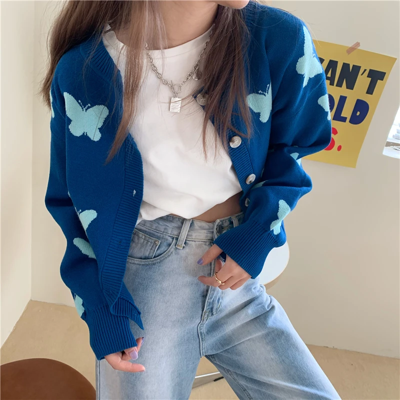 

Hzirip Women Knitted Sweaters Female Cardigan Butterfly Pattern Short Tops 2021 Autumn Winter New Elegant All-Match Office Lady