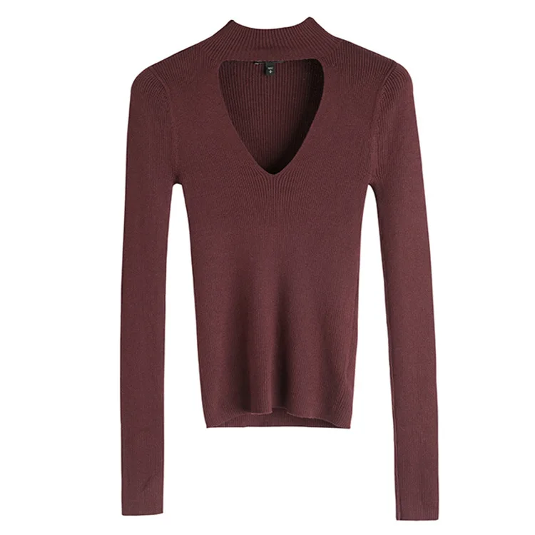 Тонкий свитер в рубчик с чокером женские трикотажные топы вырезами | Женская