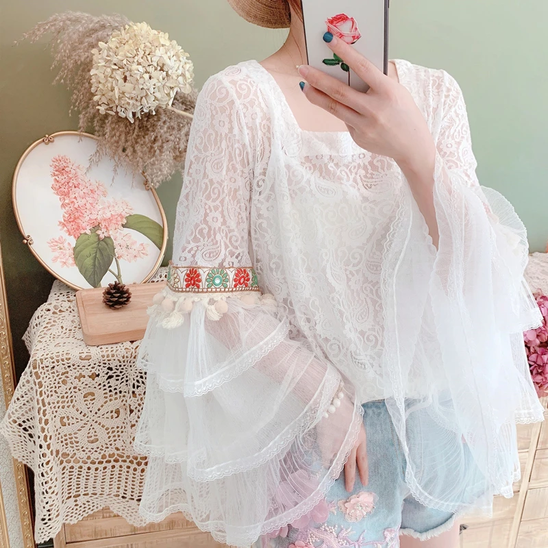 Summer 2020 Spring Women Korean Sweet White Lace Casual Loose Embroidery Big Flare Sleeve All-Match Short Shirts