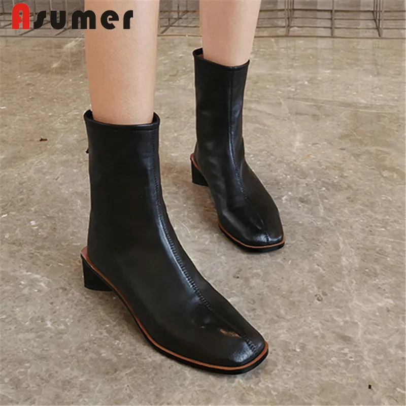 

ASUMER 2022 new genuine leather boots square toe zip ladies ankle boots med heels simple autumn winter boots big size 34-43