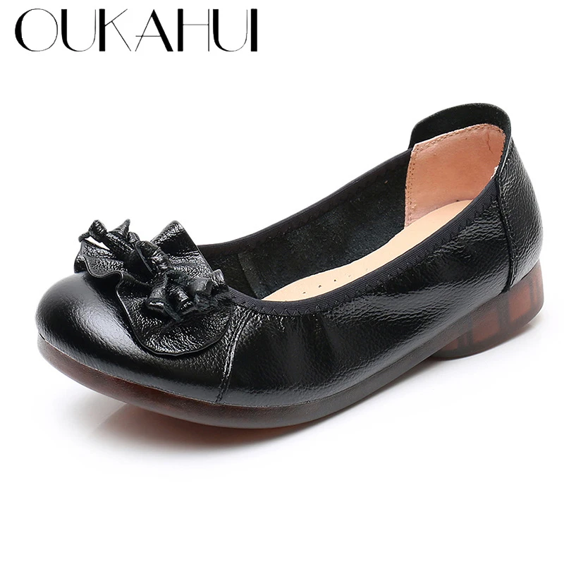 

OUKAHUI 2020 Spring Autumn Solid Color Genuine Leather Casual Ballet Flats Shoes Women Slip-On Round Toe Soft Ladies Flat Shoes