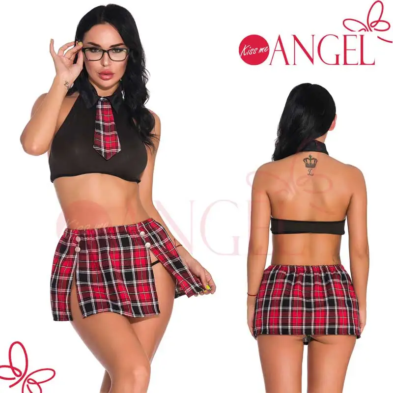 KISS ME ANGEL perspective bra set top grid skirt naughty school girl sexy costume |
