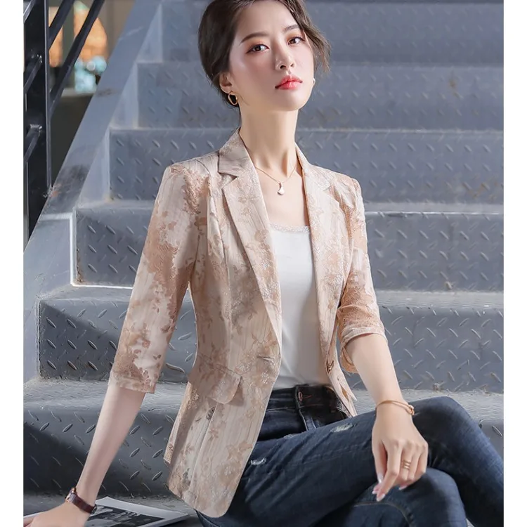 White Chiffon Lace Blazer women's spring summer short thin casual women's  coat girl jacket 3 quater sleeve