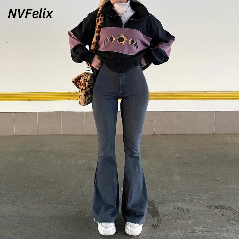 

Flare Wide Leg Jeans Women Elastic High Waist Skinny Mom Denim Pants 2021 Fashion Oversize Casual Winter Trousers Streetwear New