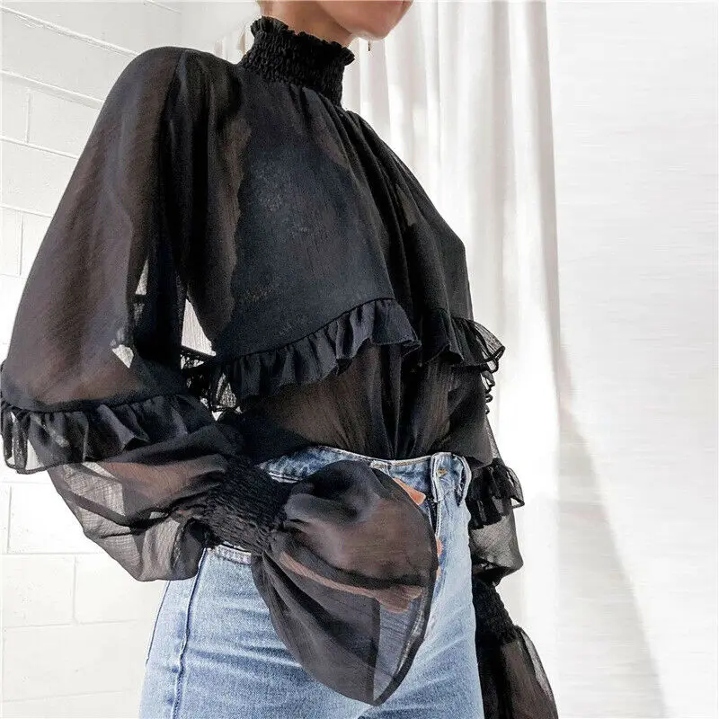 

Women Chiffon Solid Color Ruffle Trim Blouse Casual Puff Long Sleeve Loose Top Blouse