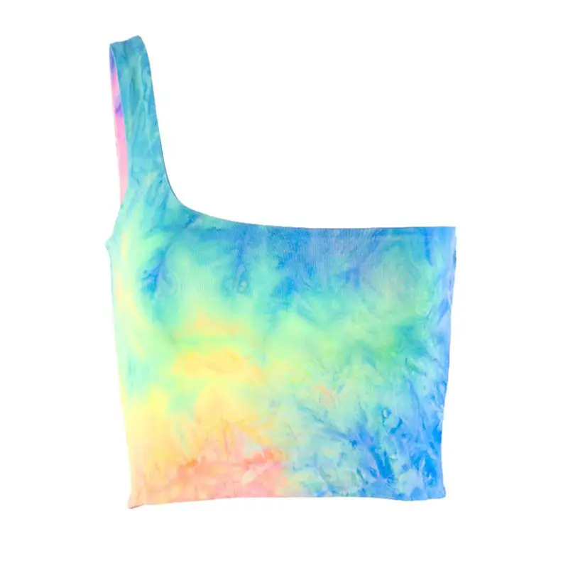 Women Summer Rainbow Colorful Tie-Dye Crop Tube Top Sexy One Shoulder Backless Bandeau Vest Festival Party Streetwear | Женская одежда