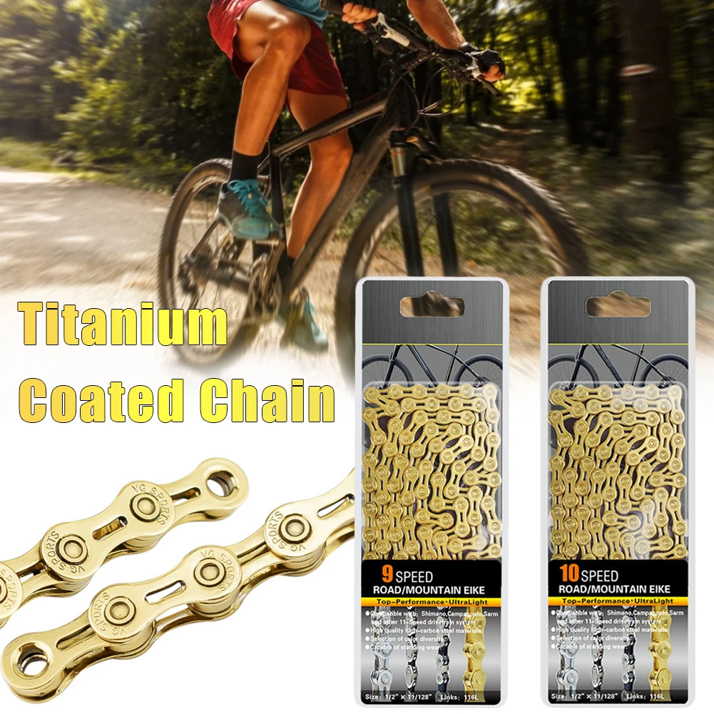 

9/10 Speed Titanium Gold Bicycle Chain Semi-Hollow Bicycle Chain Ultralight 116L Wear-Resistant Fit for Shimano/Campagnolo/Sarm