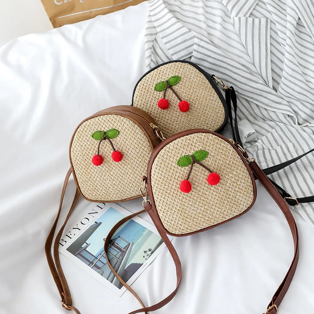 Женские сумки через плечо для девушек модные с вишенками соломенные на простые