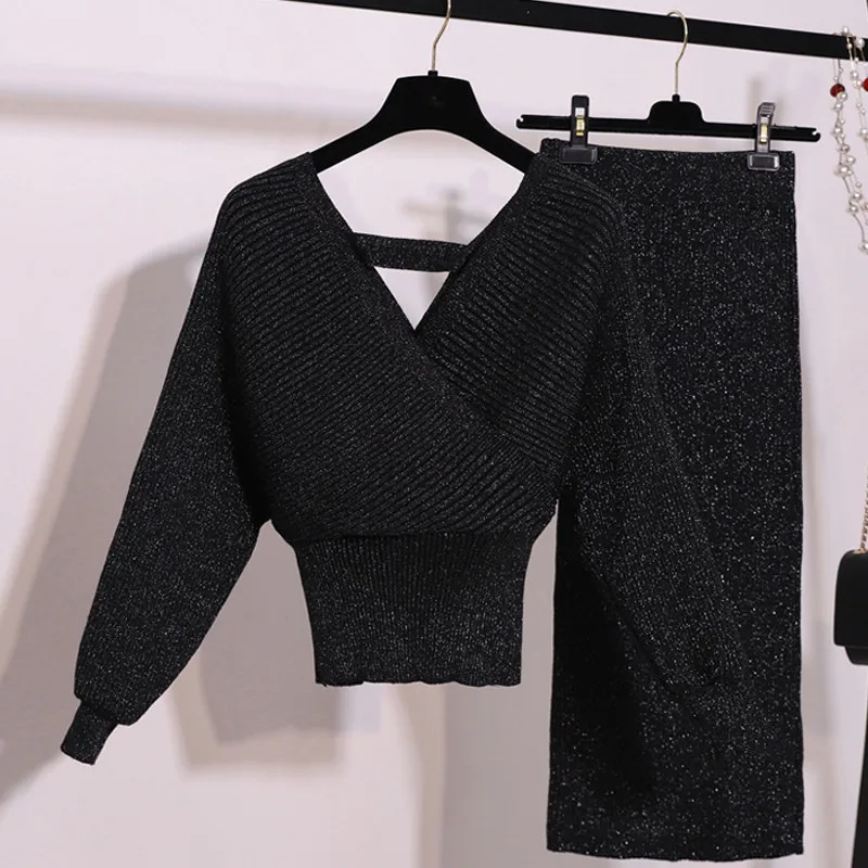 Winter Women 2 Piece Sets Sweater Set Warm Knitted Tracksuits V-neck Lantern Sleeve Pullover & Elastic Waist Skirt Suit Femme