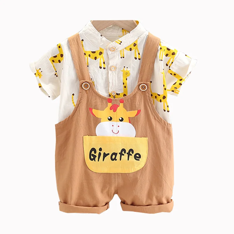 

Baby Boys Girls Clothing Sets 2021 Summer Infant Casual Clothes Cartoon Giraffe Shirt Overalls Kids Children Outfit