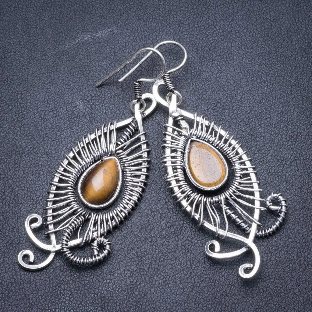 Уникальные серьги из серебра 925 пробы с натуральным тигровым глазом ручной