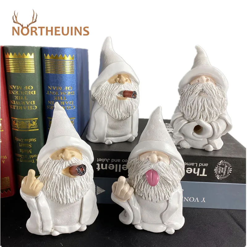 

NORTHEUINS 15cm Resin White Beard Dwarf Figurines Cerative 3D Smoking Elves Cigar Middle Finger Home Interior Garden Decoration