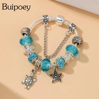 buipoey silver color starfish turtle charm bracelets for women men original blue crystal ocean bead bracelet jewelry gift