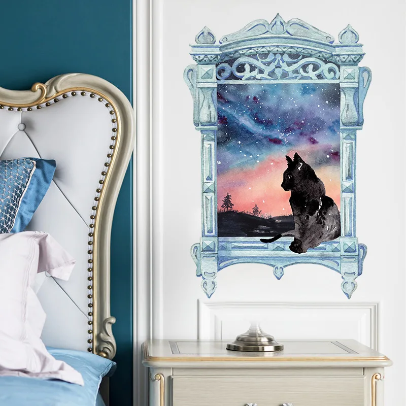 

New Painted Black Cat 3d Window View Sunset Landscape Dream Starry Stickers Living Room Porch Home Wall Decoration Wall Sticker