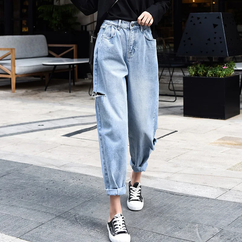 Женские рваные джинсы с эффектом пуш-ап синие брюки из денима высокой талией и