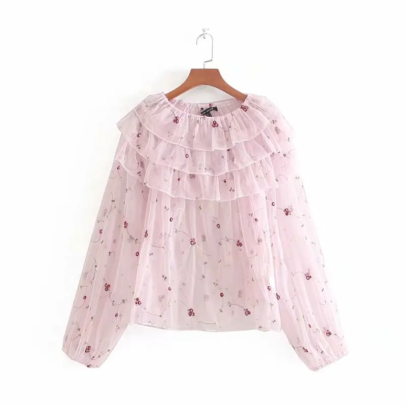 Женская мода 6 цветов Цветочная вышивка Повседневная сетчатая Рубашка Блузки