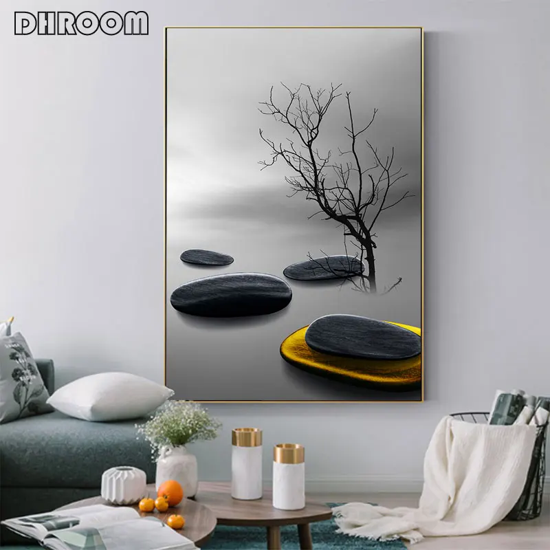 Современный минималистичный пейзаж с принтом деревьев и птиц Постер