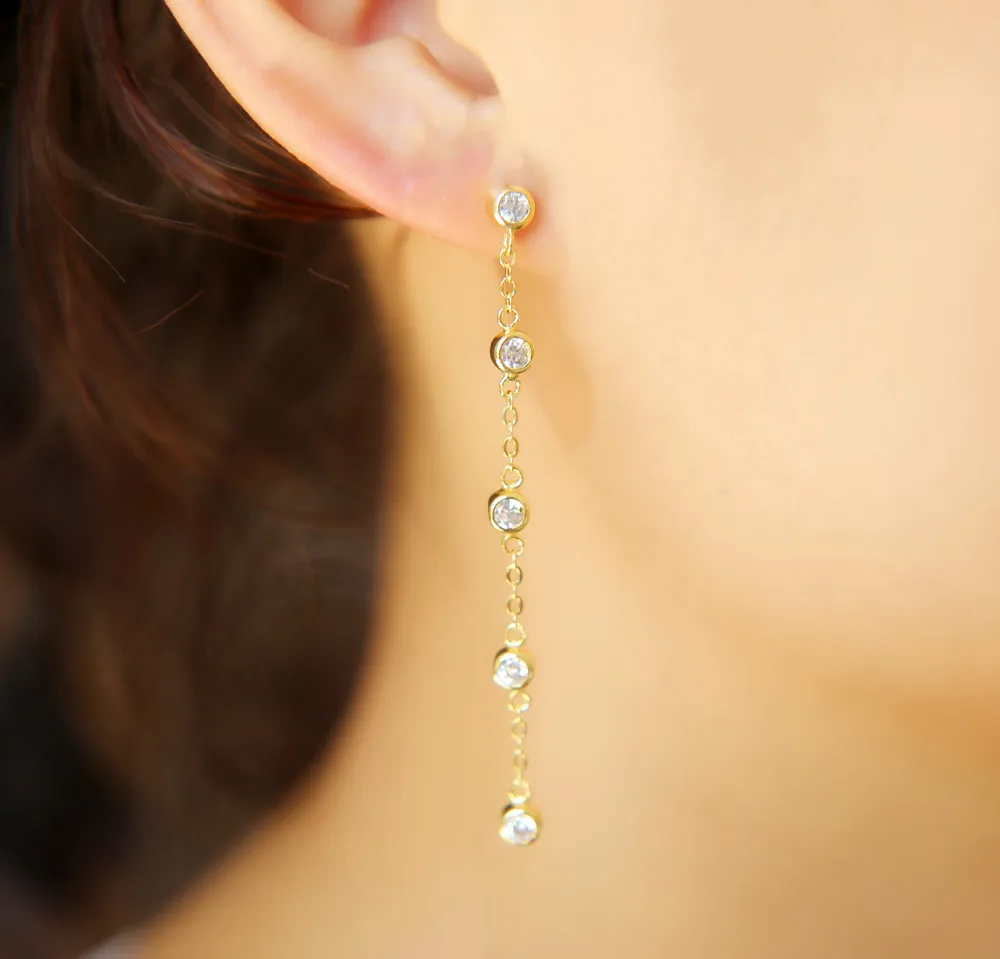 Винтажная Длинная цепочка висячие серьги с кисточкой 5 прозрачных круглых CZ