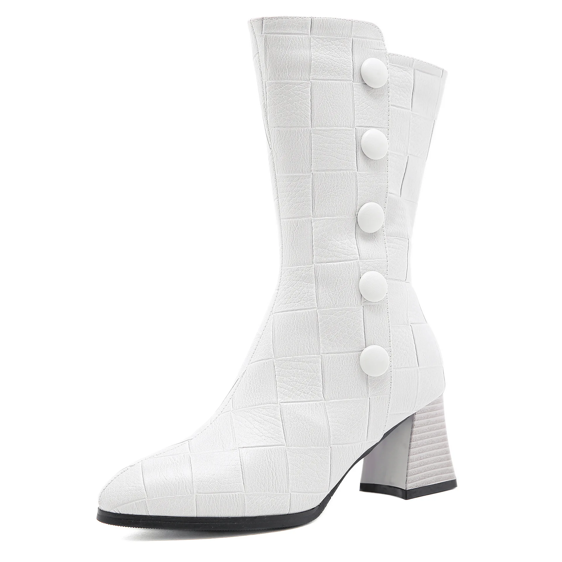 

High quality Autumn Winter Warm Women Chelsea Boots Fashion Weave leather Buttons Thick High heels Mid-calf Boots chunky Shoes