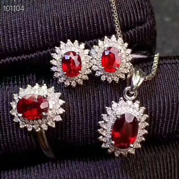 

MeiBaPJ Burmese Burned Ruby Gemstone Fine Wedding Jewelry Sets 925 Silver Earrings Ring Pendant Necklace Three-piece Suite