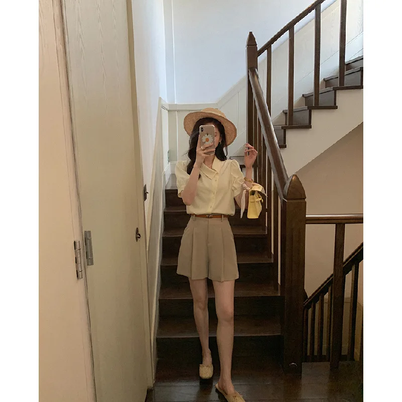 

2021 summer thin new style short-sleeved diagonal collar shirt design niche chic top women