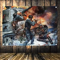ww ii tank battle old photo retro military poster hd canvas print art flag banner mural tapestry wall stickers home decoration a