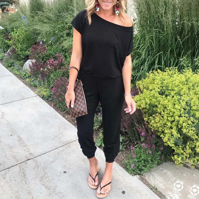 

2021 Summer Plus Size Black Jumpsuit Women Overalls One Piece Long Jumpsuit Romper Woman Off Shoulder Overalls For Women