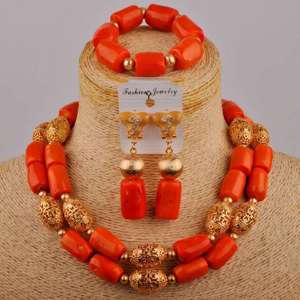 Оранжевые коралловые бусы, Африканский ювелирный набор 2021, нигерийские Свадебные ожерелья, наборы, браслет, серьги для женщин