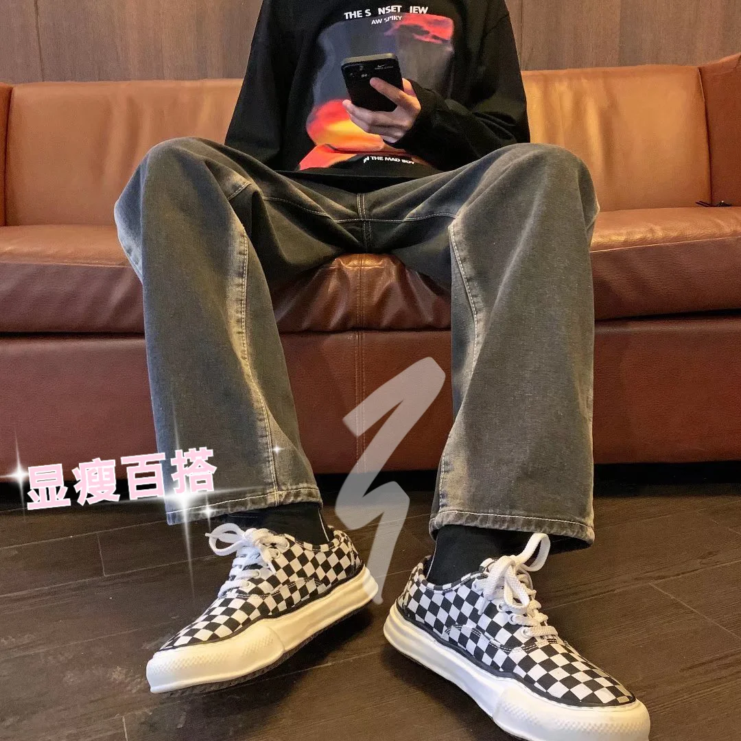 

Early spring~washed jeans men's straight-leg Hong Kong style wild trend gradient wide-leg mopping trousers-