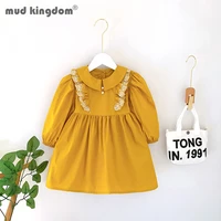 mudkingdom fashion girl dress solid lace turn down collar princess dresses for toddler sashes long sleeve button kids clothes