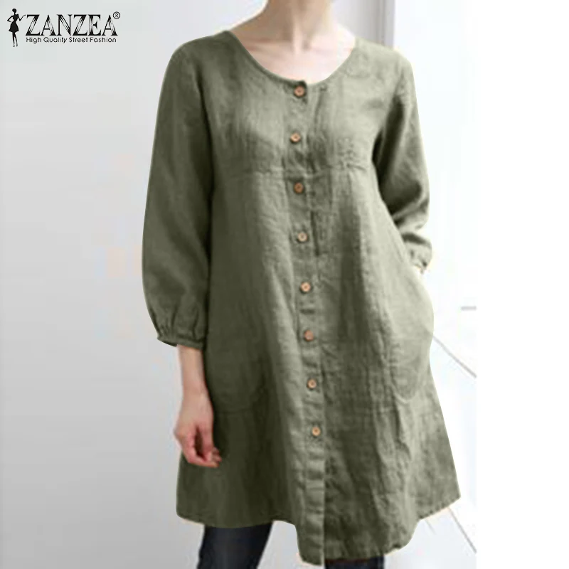 

Модная однотонная блузка ZANZEA с рукавом 3/4, Весенняя винтажная рубашка, женская Свободная Повседневная Туника, топы, женская блузка на пугови...