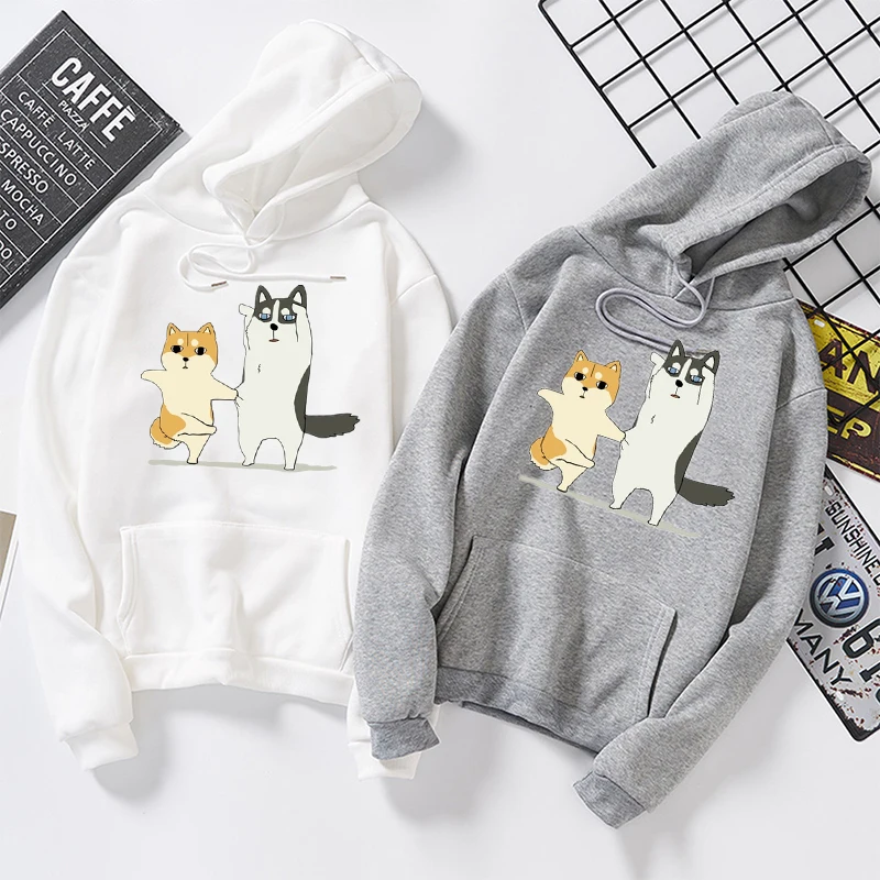 

Autumn Winter Pullover Women Men Plus Velvet Kawaii Cartoon Shiba Inu Sweatshirt Hoodies Harajuku Dog Print Female Hoodies Tops