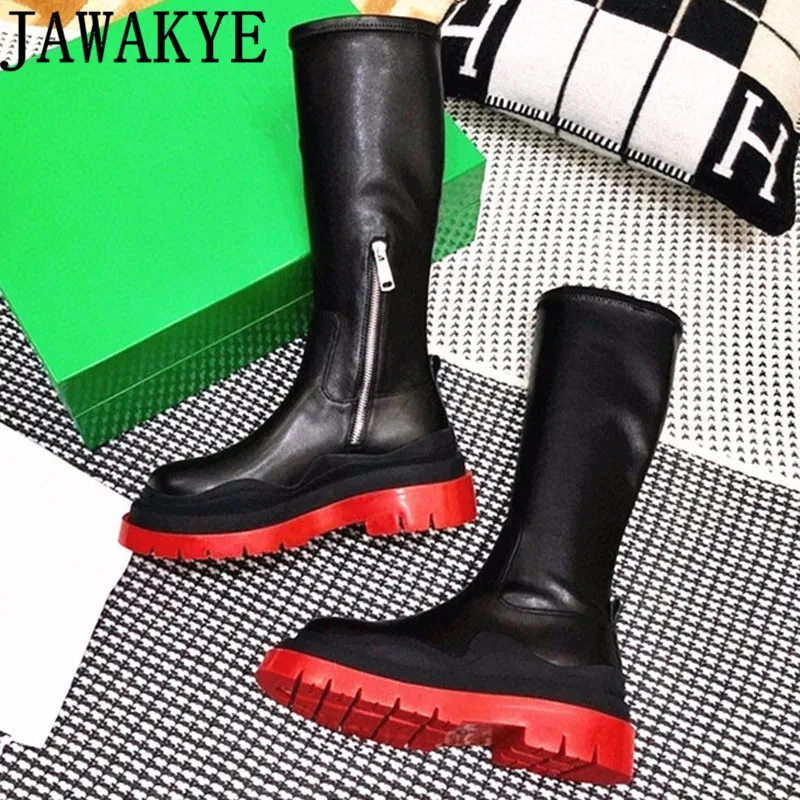 

Женские сапоги до колена на толстой подошве, с круглым носком