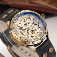 shenhua skeleton mechanical antique watch men automatic self wind watches bronze retro leather wristwatch male relogio masculino